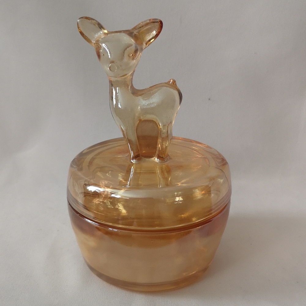 Vintage Jeanette Glass "Bambi" Vanity Box Harder to Find Peach Iridescent 1930